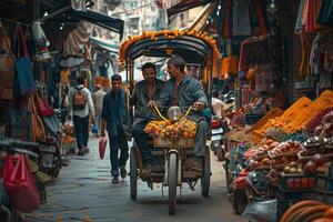 A man and a woman riding a rickshaw through a market photo