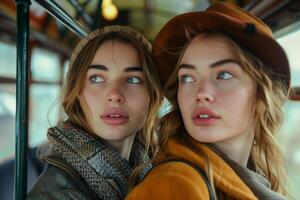 Two young women looking at the camera on a bus photo
