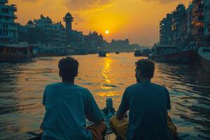 Two men sitting in a boat photo