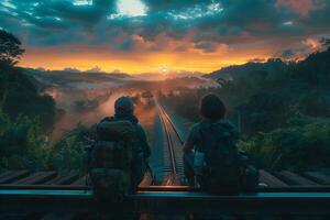 Two people with backpacks sitting on a train track at sunset photo