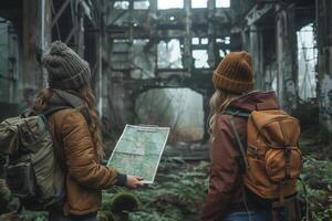 Two women with backpacks looking at a map in an abandoned building photo