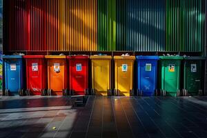 A row of colorful trash cans photo