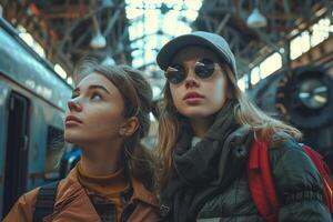 Two young women looking up at a train photo