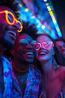 Three people wearing neon glasses at a party photo