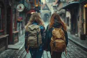 Two women with backpacks walking down a cobblestone street photo