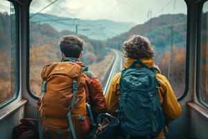 Two people with backpacks sitting on a train looking out the window photo