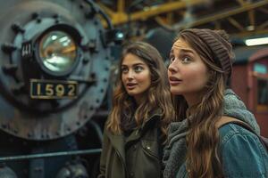 Two young women looking at an old train photo