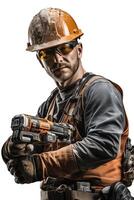 A construction worker holding a tool photo