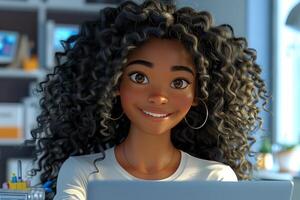 A woman with curly hair is smiling while using a laptop photo