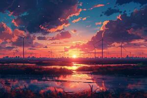 An anime landscape with wind turbines and clouds photo