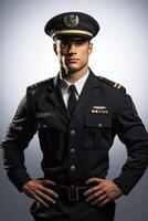 un hombre en uniforme posando para el cámara foto