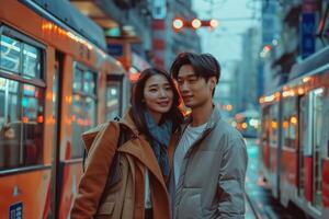 Couple in front of a train photo