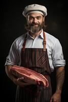 A man with a beard and a hat holding a piece of meat photo