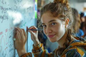 A girl writing on a whiteboard photo