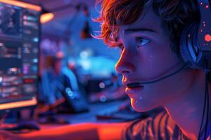 A boy wearing headphones and playing games photo