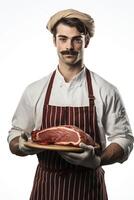 A man in an apron holding a piece of meat photo