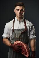 A man in an apron holding a piece of meat photo