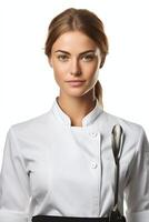 A woman in a chef's uniform holding a spoon photo