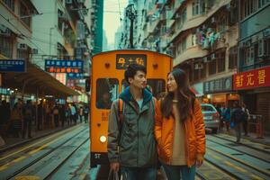 A couple standing in front of a train photo