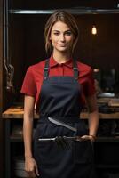 A woman in a red shirt and apron holding a knife photo