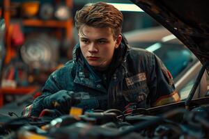 A young man is working on a car photo