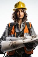 A woman in an orange vest and hard hat holding a blueprint photo