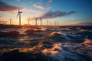 Wind turbines in the ocean at sunset photo