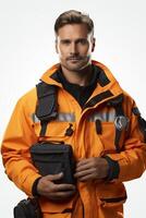 A man in an orange jacket and black jacket photo