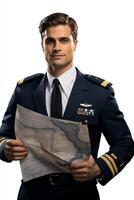 A man in an air force uniform holding a map photo