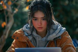 A young woman in an orange jacket sitting on a laptop photo