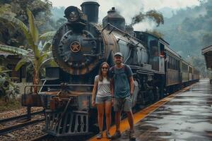 A couple standing in front of a train photo