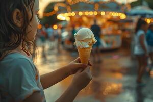 A young girl holding an ice cream cone in front of a carnival photo