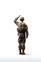 A soldier saluting in front of a white background photo