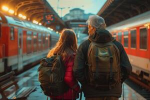 A man and woman with backpacks standing in front of a train photo