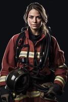 A woman in a fireman outfit holding a hose photo