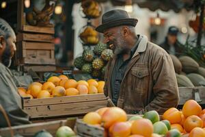 A man is standing in front of a fruit stand photo