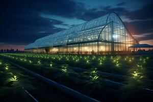 A greenhouse with plants growing in it at night photo