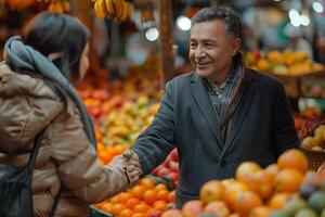 A man shaking hands with a woman at a fruit stand photo