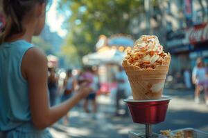 A woman is standing next to a cone with a large ice cream photo