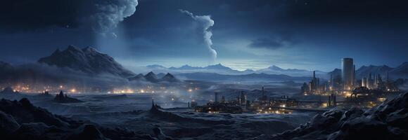 A city in the middle of a mountain range photo