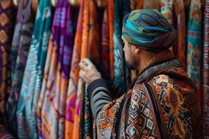 A man is looking at a variety of colorful scarves photo