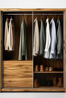 A closet with clothes and shoes on a wooden shelf photo