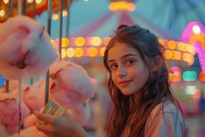 A girl is holding cotton candy in front of a carnival photo