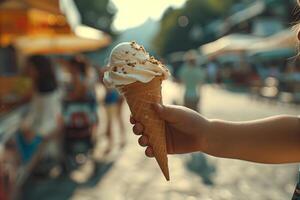 A person holding an ice cream cone in front of a crowd photo