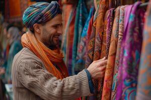 A man in a turban looking at a colorful scarf photo