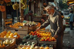 A man is looking at fruit photo