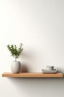 A wooden shelf with a plant and a bowl photo