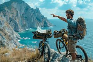 A man with a backpack and bike is pointing at the ocean photo