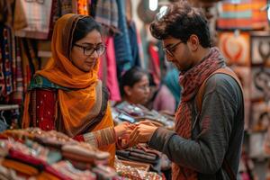 A man and woman are looking at items in a market photo