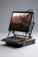 A laptop computer on a stand with a mountain view photo